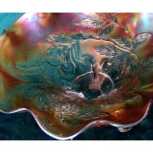 DUGAN CARNIVAL GLASS THREE TOED CHERRY PATTERN BOWL, MARIGOLD AB